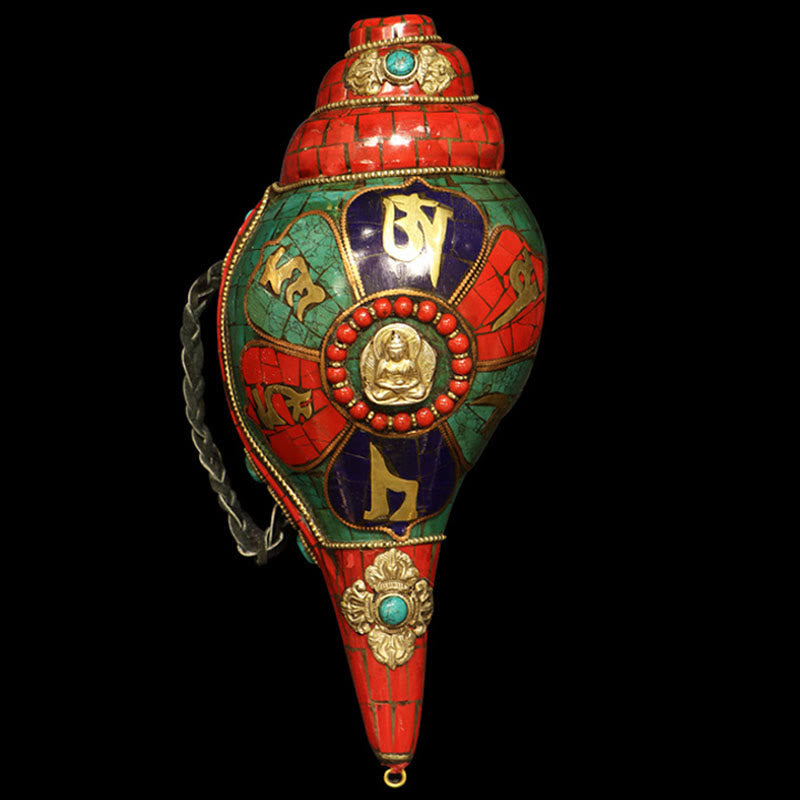 Shankha Om Mani Conch – side profile showing spiral curvature and polished surface, Buddhist altar shell