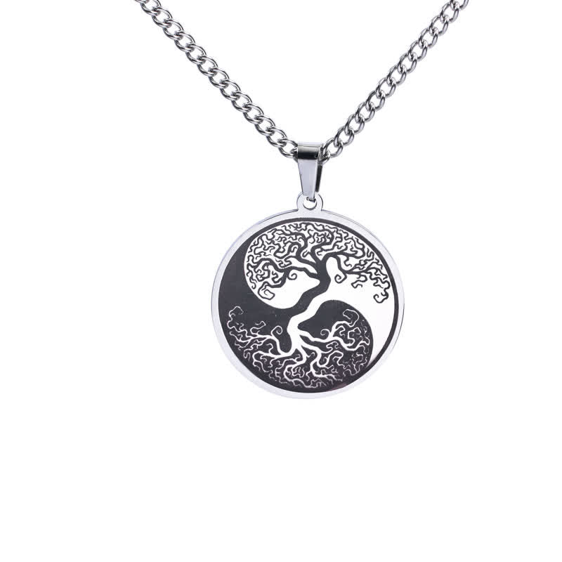 Tree of Life Titanium Steel Necklace – silver yin-yang tree pendant on white background, frontal, Cuban link chain