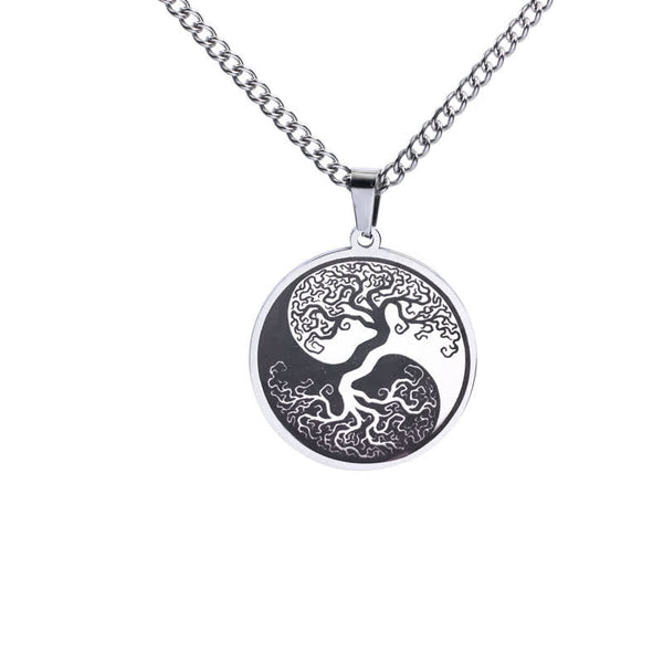 Tree of Life Titanium Steel Necklace – silver yin-yang tree pendant on white background, frontal, Cuban link chain