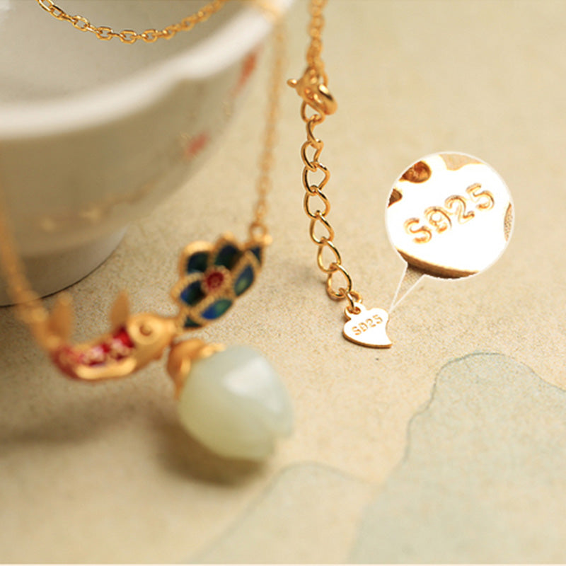White Jade Koi Fish Necklace – S925 sterling silver hallmark tag and clasp detail, blue red enamel jade pendant