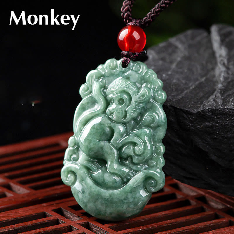 Jade Zodiac Prosperity Necklace – Seated monkey with scroll border, intelligent, wise