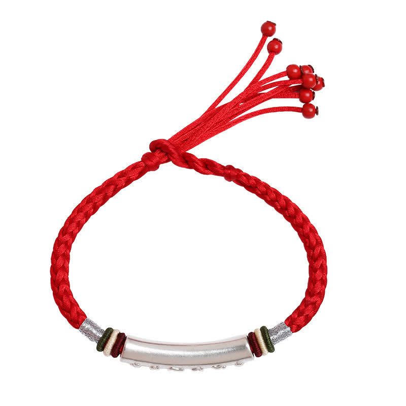 Om Mani Padme Hum Red String Bracelet – Red braided cord with silver mantra bar, white background