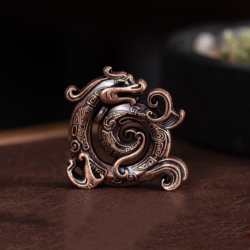 Mini Dragon Incense Burner – Antique bronze dragon figurine with spiral body and aged copper patina, Mystical