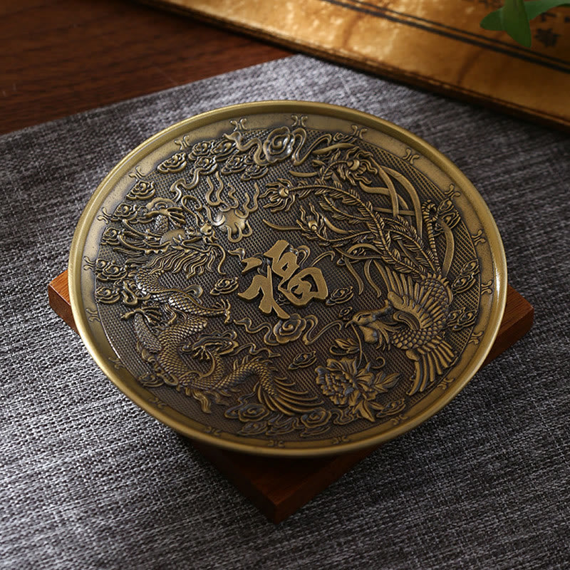 Brass Incense Burner – dragon phoenix relief with Fu blessing character, prosperous