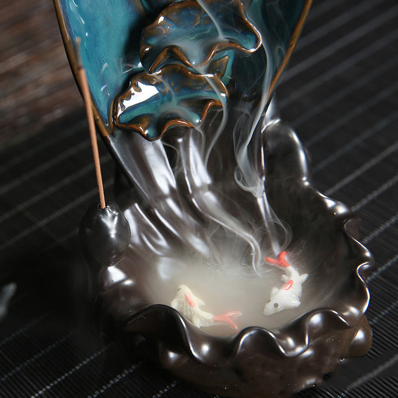 Ceramic Incense Burner – Koi fish in glossy lotus leaf pool, Peaceful