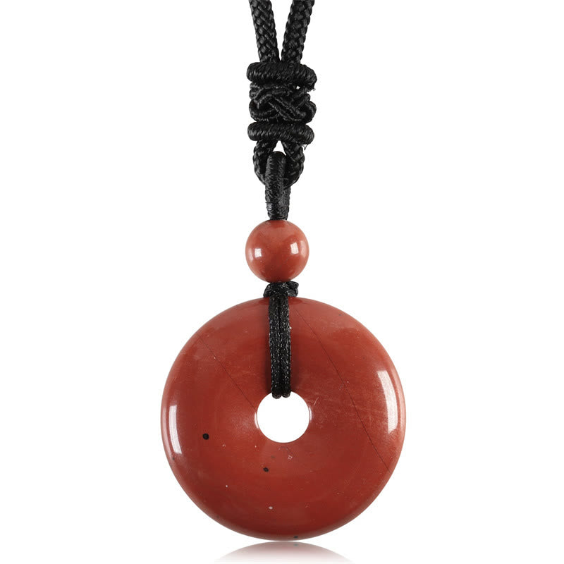 Lucky Coin Pendant Healing Crystal Gemstone Necklace – Three gemstone bi disc pendants in rose quartz, aventurine, and jade on black cords