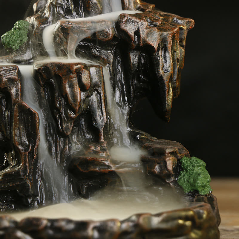 Backflow Incense Burner – close-up smoke waterfall on black, meditative