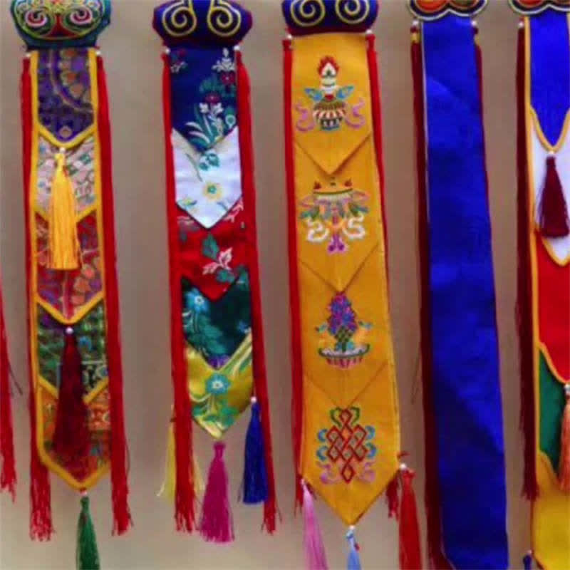 Lotus Auspicious Wall Art – Five Tibetan banners with embroidered auspicious symbols, Meditation decor