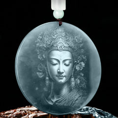 Kwan Yin Jade String Necklace – front view of carved Avalokitesvara on pale celadon jade pendant with burgundy cord, black studio backdrop, spiritual jewelry