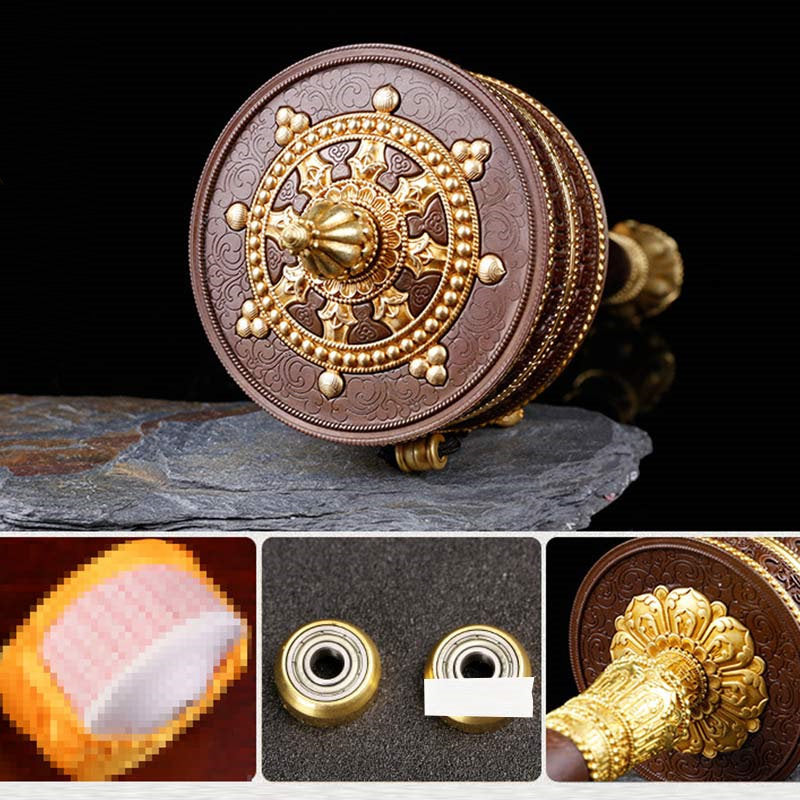 Copper Prayer Wheel – Main view with bearing detail insets, copper gold finish, spiritual practice