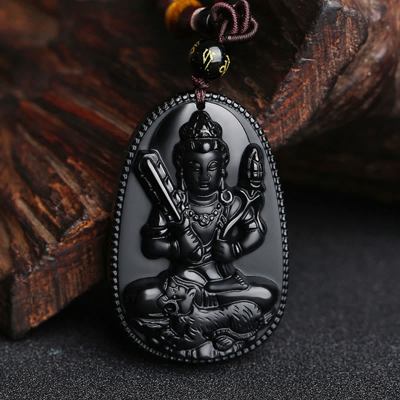 Chinese Zodiac Buddha Black Obsidian Necklace – Manjushri bodhisattva holding wisdom sword on obsidian pendant, maroon cord with gold inscribed bead, scholarly guardian