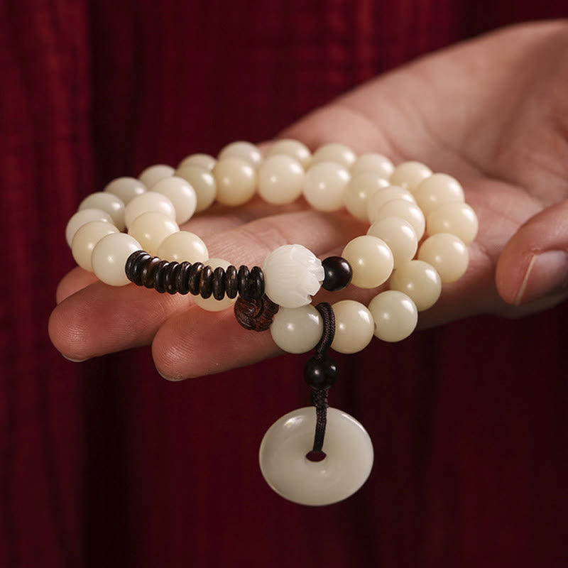 Bodhi Seed Sandalwood Lotus Bracelet - peace buckle pendant with jade and sandalwood alternating beads