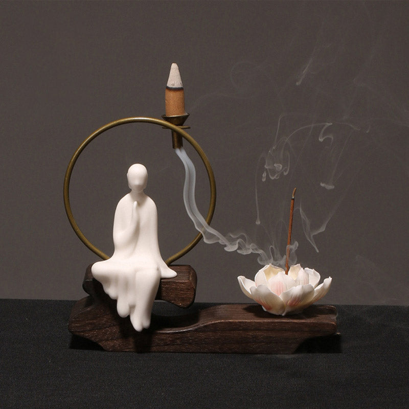 Ceramic Lotus Incense Burner – white figure, brass ring, lotus holder, backflow smoke, front, healing