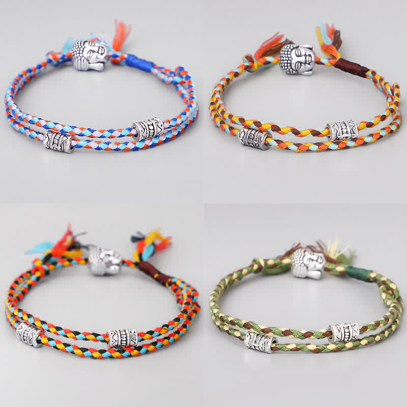 Buddha Head Serenity String Bracelet – Four color variations of Buddha head bracelets in grid display