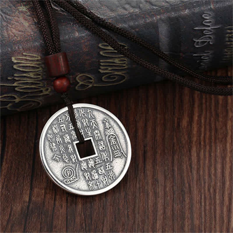 Bagua Yin Yang Obsidian Necklace - coin pendant with wealth inscriptions on dark wood, Taoist amulet