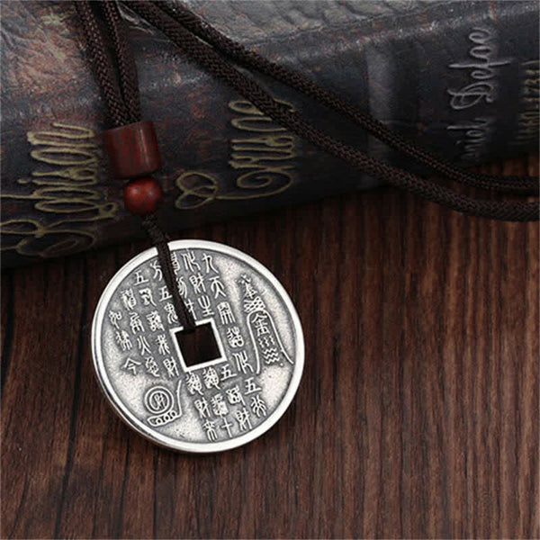 Bagua Yin Yang Obsidian Necklace - coin pendant with wealth inscriptions on dark wood, Taoist amulet
