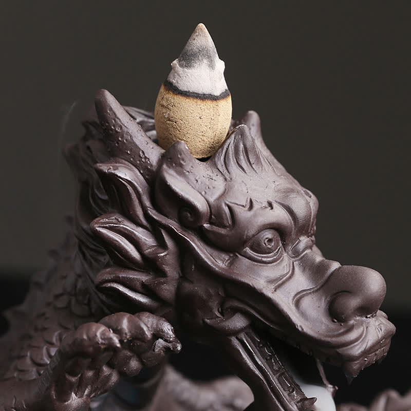 Dragon Burner with Stick Incense - front view dual incense, cloud base, artisan
