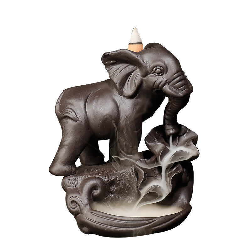 Elephant Backflow Incense Burner – Clean white background showing full smoke waterfall cascade, product showcase
