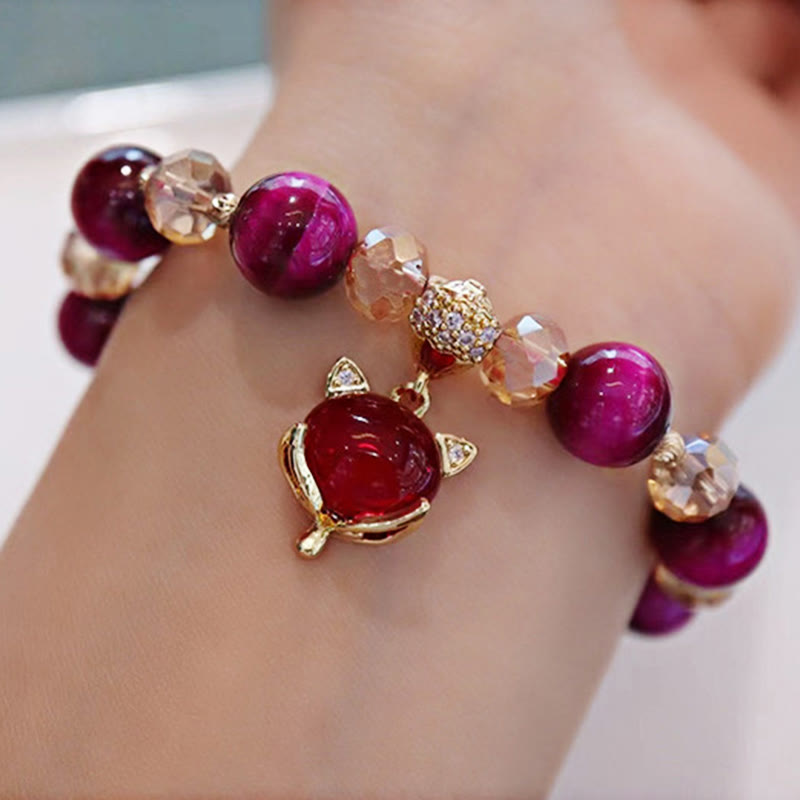 Red Tiger Eye PiXiu Fox Bracelet – Wrist wearing bracelet gold fox charm red beads, elegant style