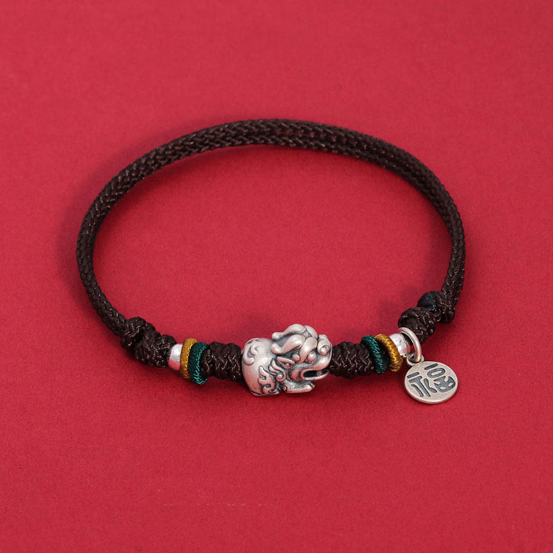 925 Silver PiXiu Fu Bracelet – Black cord with silver PiXiu and colorful thread accents on red