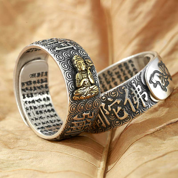 Natal Buddha Ring - Two silver rings with Buddha and lotus relief on leaves, Wealth