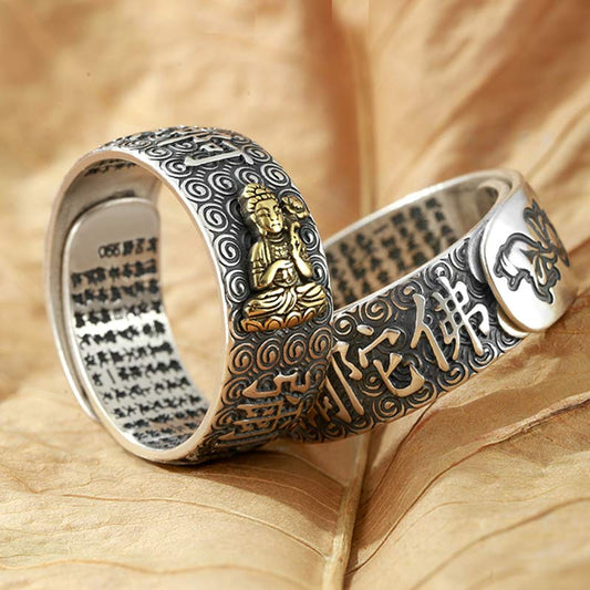 Natal Buddha Ring - Two silver rings with Buddha and lotus relief on leaves, Wealth
