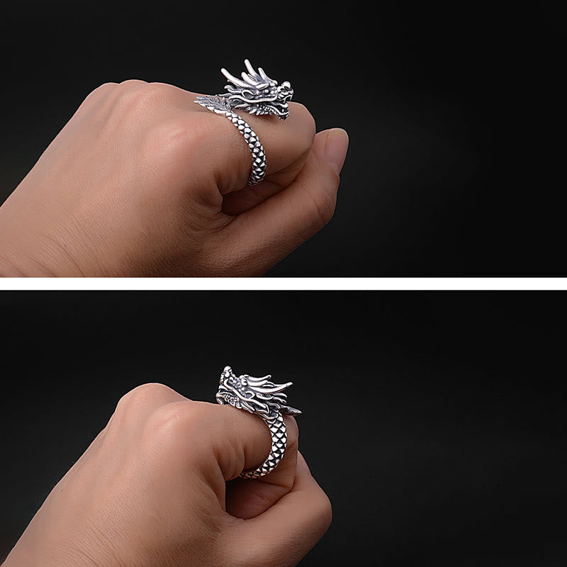 Sterling Silver Dragon Ring - hand model dual shot on black, scale band and wing detail, strong