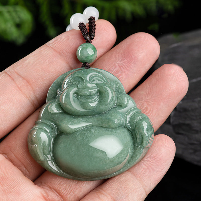 Laughing Buddha Cyan Jade Harmony Necklace – Delicate jade beads graduating in size with Buddha focal, Eastern elegance