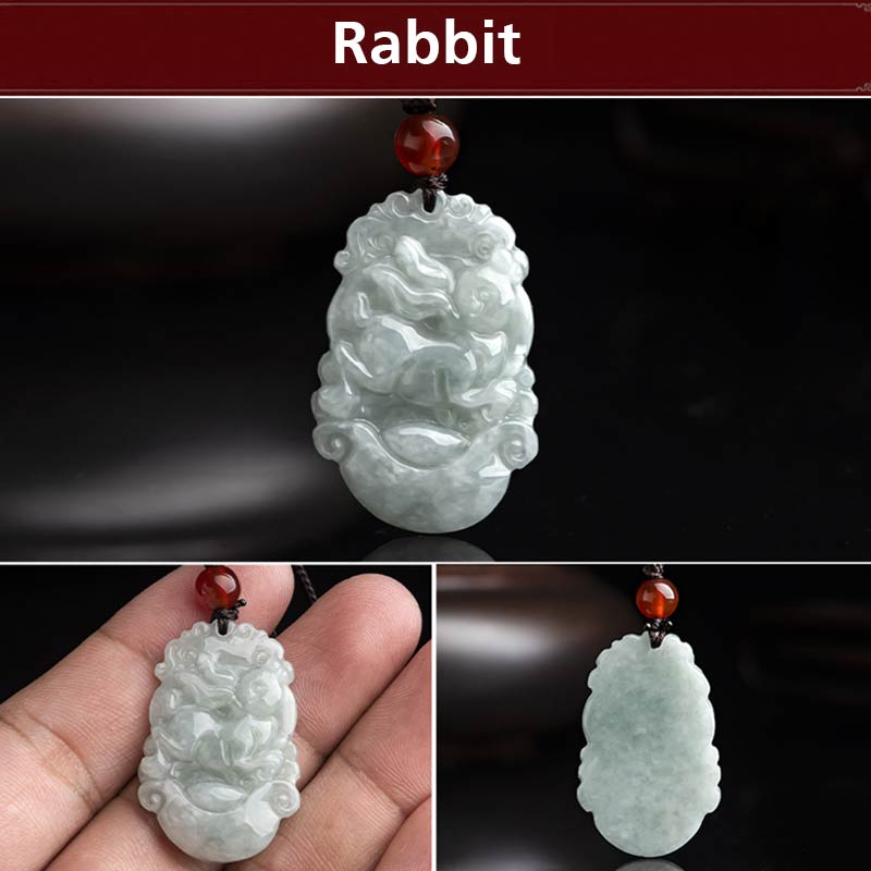Natural Jade Chinese Zodiac Pendant – Rabbit leaping pose in triple view, longevity
