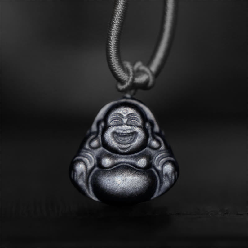 Cinnabar Laughing Buddha Yin Yang Zodiac Necklace – front view showing Buddha pendant detail, blessing balance jewelry