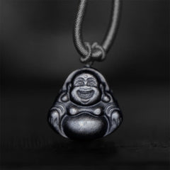 Cinnabar Laughing Buddha Yin Yang Zodiac Necklace – front view showing Buddha pendant detail, blessing balance jewelry