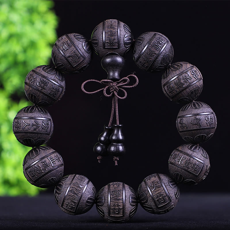 Chinese Zodiac Rosewood Ebony PiXiu Set – black ebony coin zodiac bracelet, carved copper pattern dark wood beads set
