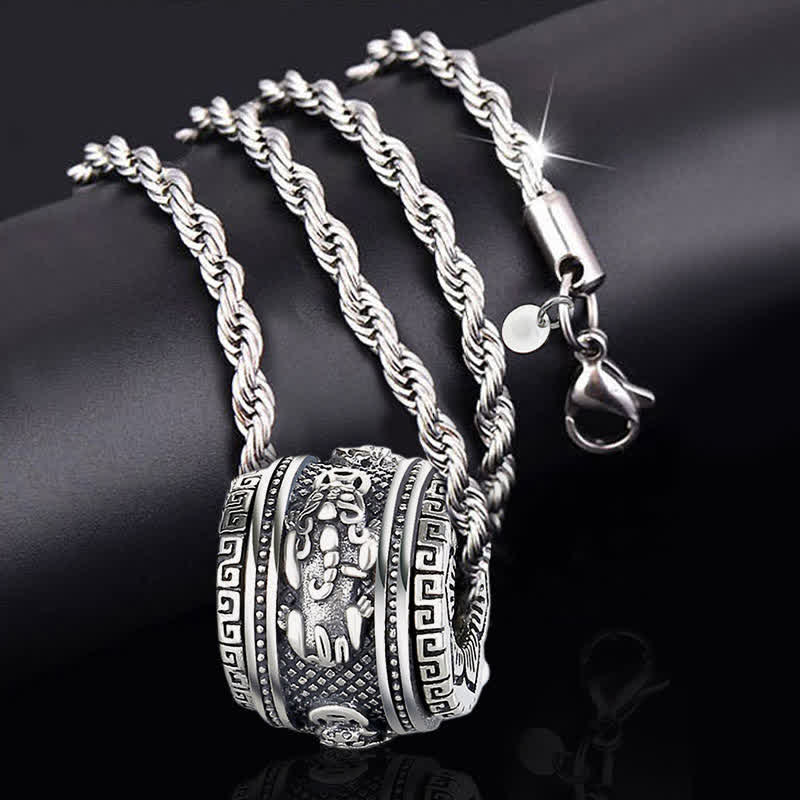 PiXiu Luck Wealth Rotatable Necklace Pendant – pendant with thick twisted rope chain on black, mens necklace