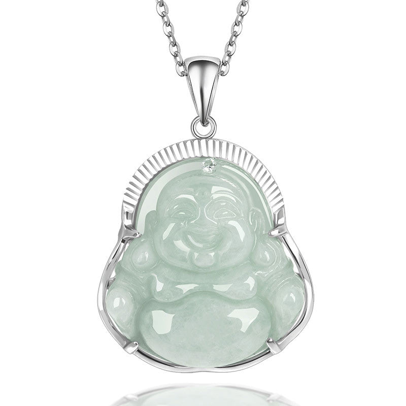Jade Laughing Buddha Necklace - pale celadon jade Maitreya in silver halo setting with clear crown gem, happiness