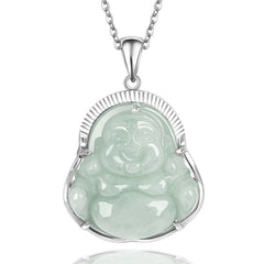 Jade Laughing Buddha Necklace - pale celadon jade Maitreya in silver halo setting with clear crown gem, happiness