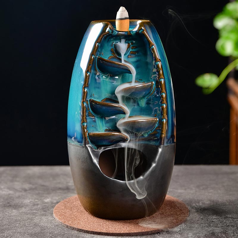 Tibetan Dragon Incense Burner – Turquoise backflow waterfall smoke cascading down tiered ceramic, Zen Image principale du produit