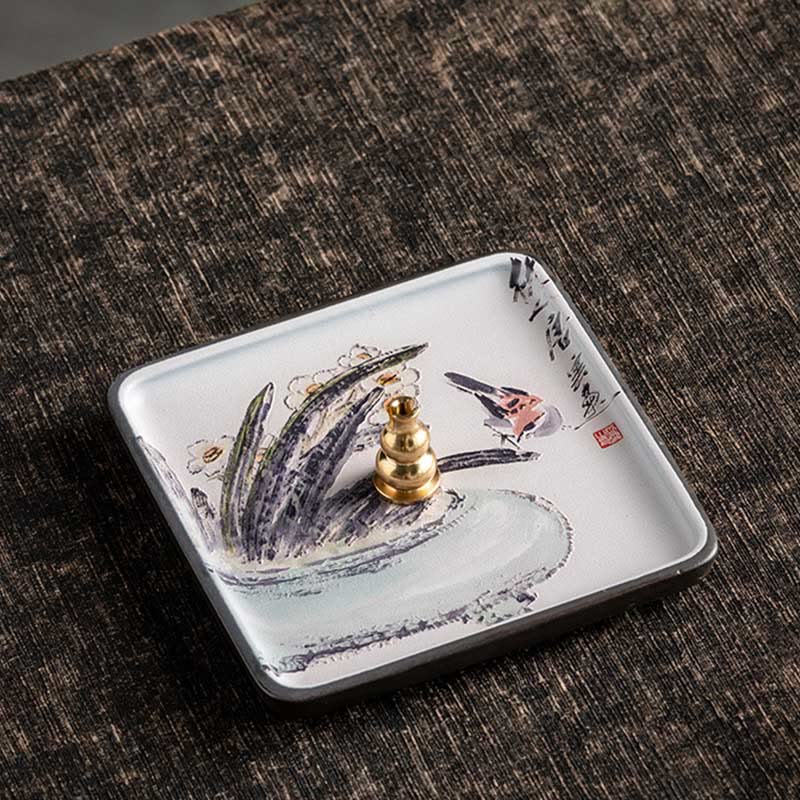 Bird Flower Incense Plate – Traditional brush painting of bird and narcissus with calligraphy, brass holder