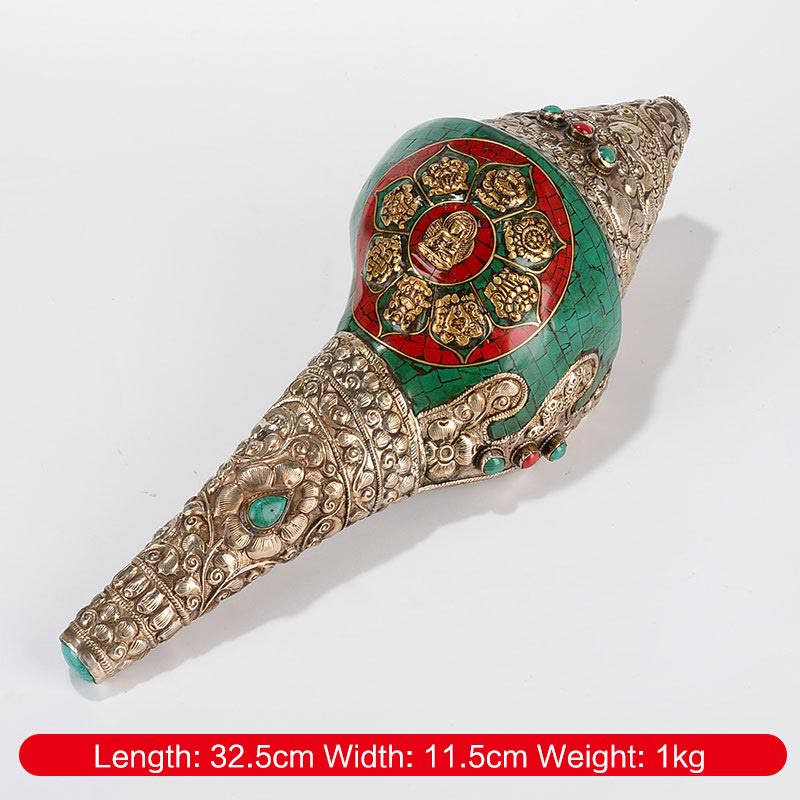 Double Dorje Shankha Conch – three-quarter view emphasizing depth of dorje relief, sculptural quality
