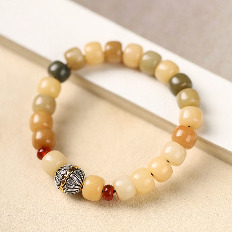 Natural Bodhi Seed Om Mani Padme Hum Wisdom Bracelet - Lotus metal bead, elevated angle
