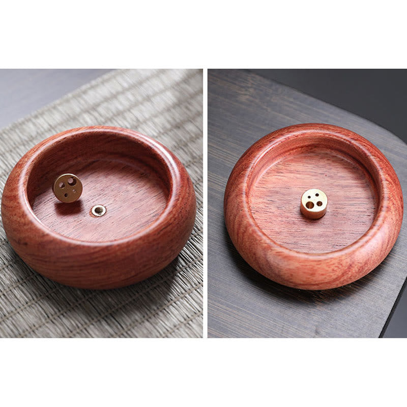 Rosewood incense holder dual angle on woven and dark wood surfaces, mindful