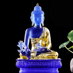 Medicine Buddha Liuli Crystal Statue Handmade Home Office Decoration – vibrant blue liuli crystal, medicine guru altar statue