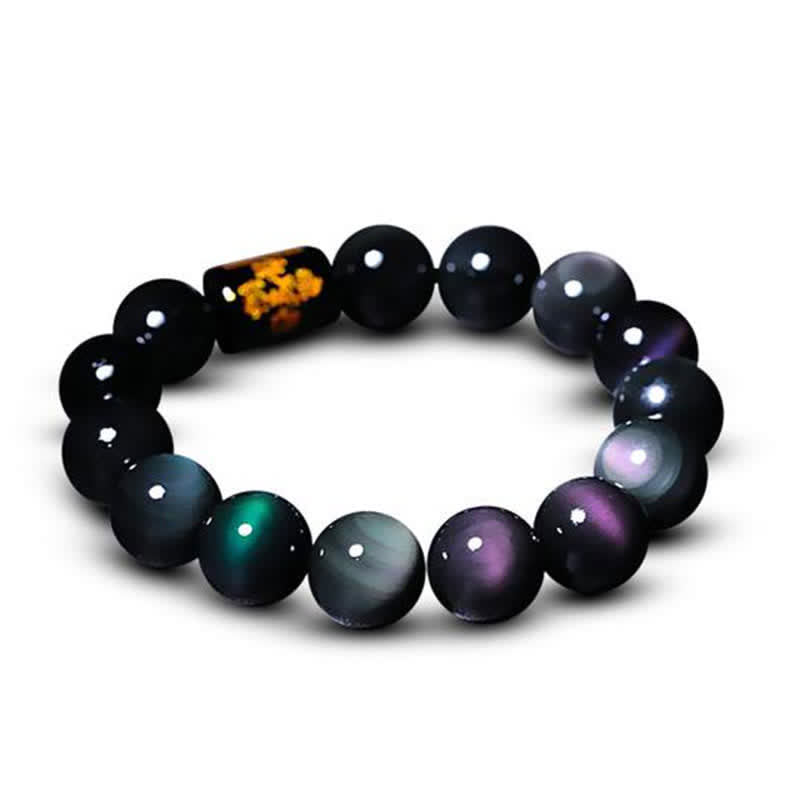 Obsidian Protection Set – rainbow obsidian bracelet angle two purple green flash, crystal beads