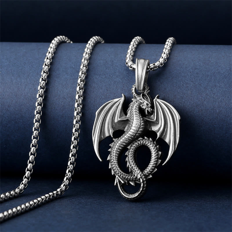 Pure Tin Dragon Necklace - Detailed dragon pendant on navy velvet with box chain, success amulet