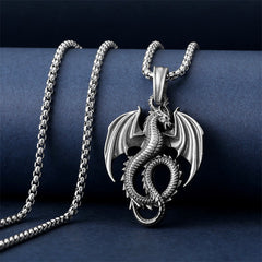 Pure Tin Dragon Necklace - Detailed dragon pendant on navy velvet with box chain, success amulet