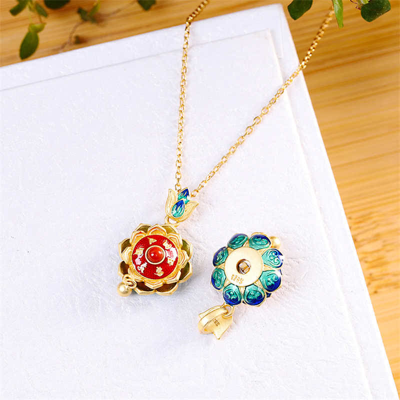 Lotus Prayer Wheel both sides – spinning red agate front and blue enamel back, meditative