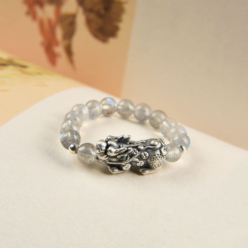 Silver Moonstone PiXiu Ring – Gray moonstone beads with silver PiXiu charm on light background