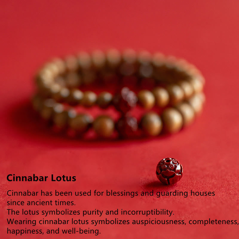 Peach Wood & Cinnabar Lotus Bracelet close-up carved lotus bead, cinnabar blessing and purity spiritual jewelry