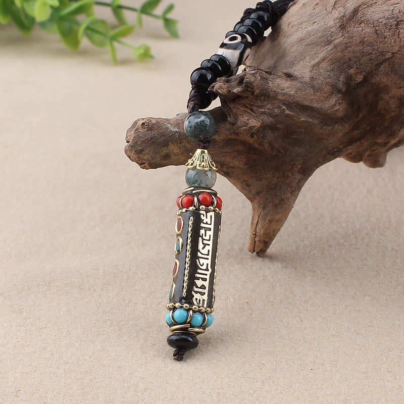 Wenge Wood Dzi Bead Mantra Necklace - Black pendant with gold Tibetan script on dzi bead cord, amulet necklace