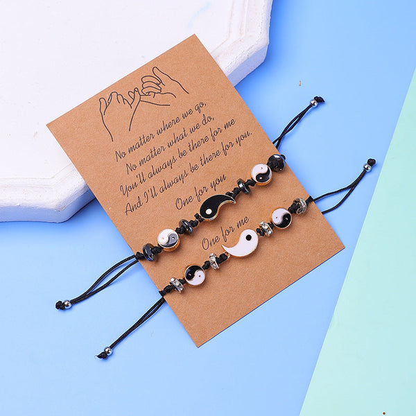 Yin Yang Hematite Bracelet - Half-moon charms on kraft card with promise message, mint background