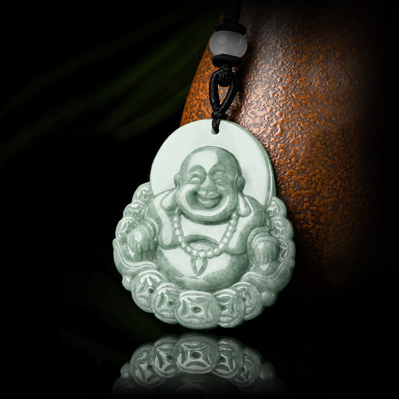 Laughing Buddha Natural Jade Abundance Necklace – Elegant jade bead strand with large abundance Buddha focal, luxury gift